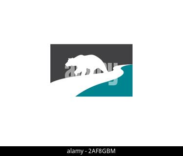 bear cub walking alone along creek river side as negative space inside two tone square logo Stock Vector