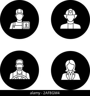 Professions glyph icons set. Occupations. Firefighter, loader man, secretary, office worker, driver. Vector white silhouettes illustrations in black c Stock Vector