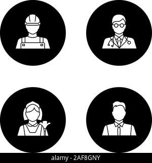 Professions glyph icons set. Occupations. Builder, doctor, maid, showman, office worker. Vector white silhouettes illustrations in black circles Stock Vector