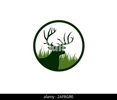 deer head with antlers in front of meadow grass inside circle logo Stock Vector