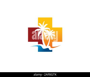 medical cross plus sign with palm trees and ocean wave as negative space Stock Vector