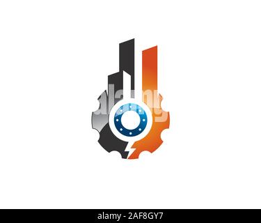 highrise skyscraper building silhouette standing above giant gears cog wheel and lightning bolt Stock Vector