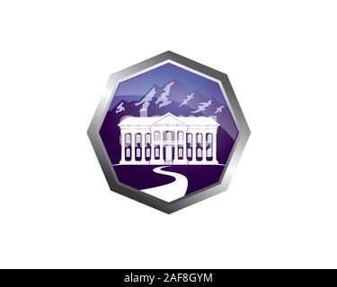 classic vintage colonial building mansion house in front of mountains Stock Vector