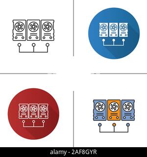 Graphic cards for mining business icon. Flat design, linear and color styles. Connected video cards. Cryptocurrency gpu mining farm. Isolated vector i Stock Vector