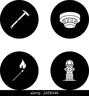 Firefighting glyph icons set. Fire axe, hydrant, smoke detector, burning matchstick. Vector white silhouettes illustrations in black circles Stock Vector