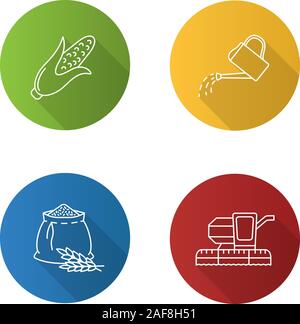 Agriculture flat linear long shadow icons set. Farming. Corn, watering can, flour bag, combine harvester. Vector outline illustration Stock Vector