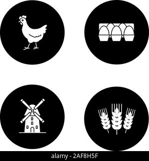 Agriculture glyph icons set. Farming. Chicken, eggs tray, windmill, wheat ears. Vector white silhouettes illustrations in black circles Stock Vector