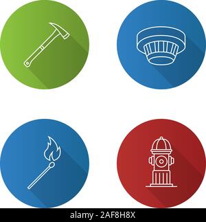 Firefighting flat linear long shadow icons set. Fire axe, hydrant, smoke detector, burning matchstick. Vector outline illustration Stock Vector