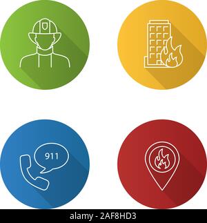 Firefighting flat linear long shadow icons set. Firefighter, fire location, burning house, emergency call. Vector outline illustration Stock Vector