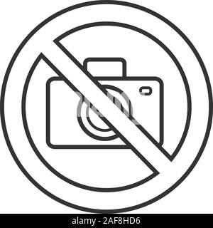 Forbidden sign with camera linear icon. Thin line illustration. Photographing prohibition. Stop contour symbol. Vector isolated outline drawing Stock Vector