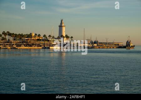 Panoramic view of harbour, lighthouse La Farola de Malaga , Malaga City, Andalusia, Spain, Europe Stock Photo