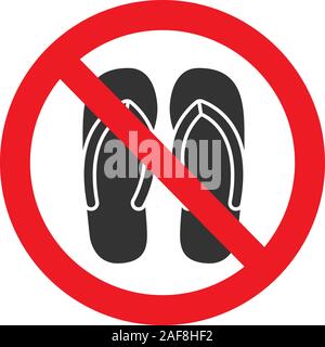 Forbidden sign with slippers glyph icon. No sandals, thongs or open toed footwear. Without shoes. Stop silhouette symbol. Negative space. Vector isola Stock Vector