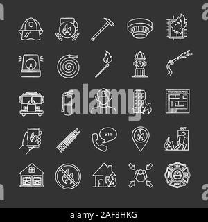 Firefighting chalk icons set. Fire station equipment. Isolated vector chalkboard illustrations Stock Vector