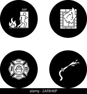Firefighting glyph icons set. House on fire, firefighter's badge, garden hose, emergency exit. Vector white silhouettes illustrations in black circles Stock Vector