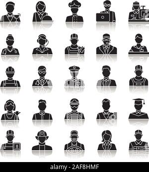 Professions drop shadow black glyph icons set. Occupations. Workers. Isolated vector illustrations Stock Vector