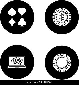 Casino glyph icons set. Casino chips, online poker, playing cards suits. Vector white silhouettes illustrations in black circles Stock Vector