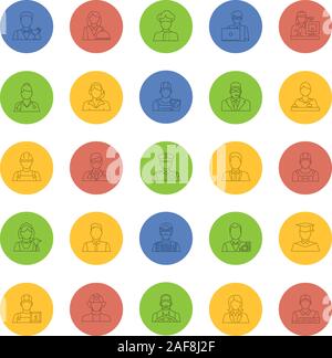 Professions linear icons set. Occupation. Workers. Thin line outline symbols on color background. Vector illustrations Stock Vector