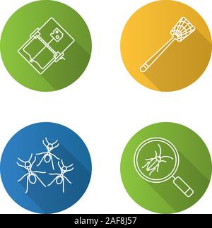 Pest control flat linear long shadow icons set. Cockroach searching, fly-swatter, mouse trap, ants. Vector outline illustration Stock Vector