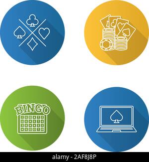 Casino flat linear long shadow icons set. Playing cards suits, gambling chips, bingo game, online casino. Vector outline illustration Stock Vector