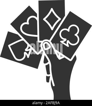 Hand holding four aces glyph icon. Playing cards. Poker. Kare. Silhouette symbol. Negative space. Vector isolated illustration Stock Vector