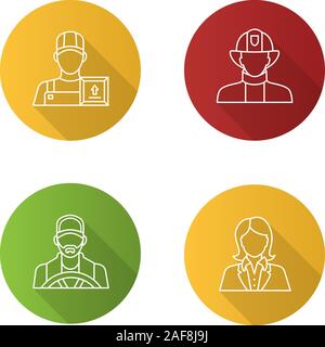 Professions flat linear long shadow icons set. Occupations. Firefighter, loader man, secretary, office worker, driver. Vector outline illustration Stock Vector