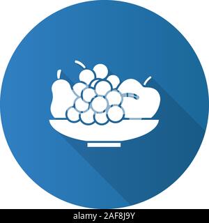 Bowl with fruit flat design long shadow glyph icon. Still life. Pear, apple, bunch of grapes. Vector silhouette illustration Stock Vector