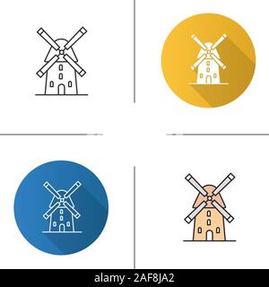 Windmill icon. Flat design, linear and color styles. Isolated vector illustrations Stock Vector