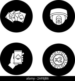 Casino glyph icons set. Doubledown chip, four aces, surveillance camera, online casino. Vector white silhouettes illustrations in black circles Stock Vector