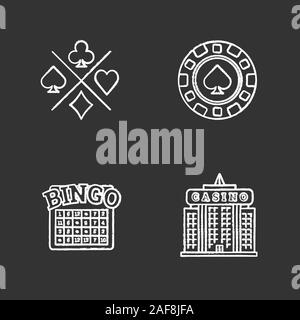 Casino chalk icons set. Playing cards suits, bingo game, casino chip and building. Isolated vector chalkboard illustrations Stock Vector
