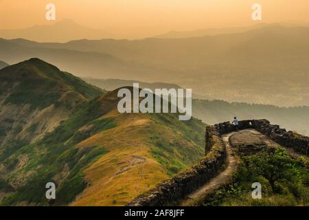 Sinhagad fort, Pune, Maharashtra, India. Top view of bastion or rampart ...