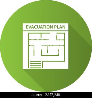 Evacuation plan flat design long shadow glyph icon. Fire escape plan. Vector silhouette illustration Stock Vector