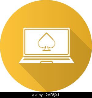 Online casino flat design long shadow glyph icon. Laptop display with spade card suit. Vector silhouette illustration Stock Vector