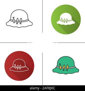 Fisherman's hat with hooks icon. Flat design, linear and color styles. Fishing equipment. Isolated vector illustrations Stock Vector