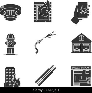 Firefighting glyph icons set. Smoke detector, emergency call, hydrant, burning building, hose, evacuation plan, fire station, double extension ladder. Stock Vector