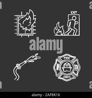 Firefighting chalk icons set. House on fire, firefighters badge, garden hose, emergency exit. Isolated vector chalkboard illustrations Stock Vector