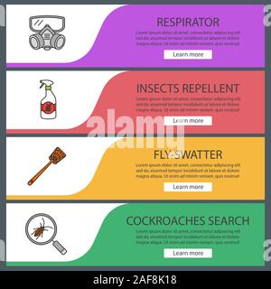 Pest control web banner templates set. Respirator, insects repellent, fly-swatter, cockroaches search. Website color menu items with linear icons. Vec Stock Vector