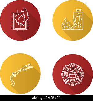 Firefighting flat linear long shadow icons set. House on fire, firefighter badge, garden hose, emergency exit. Vector outline illustration Stock Vector