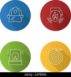 Firefighting flat linear long shadow icons set. Fire hose, hard hat, alarm bell, fireman siren.  Vector outline illustration Stock Vector