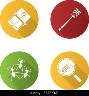 Pest control flat design long shadow glyph icons set. Cockroach searching, fly-swatter, mouse trap, ants. Vector silhouette illustration Stock Vector