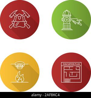 Firefighting flat linear long shadow icons set. Fire hydrant, evacuation plan, smoke detector, firefighters maltese cross. Vector outline illustration Stock Vector