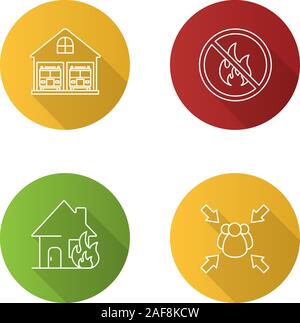 Firefighting flat linear long shadow icons set. Burning house, fire station, fire assembly point, bonfire prohibition. Vector outline illustration Stock Vector