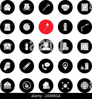 Firefighting glyph icons set. Fire station equipment. Vector white silhouettes illustrations in black circles Stock Vector