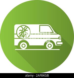 Exterminator mini bus car flat design long shadow glyph icon. Pest control service. Vector silhouette illustration Stock Vector