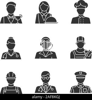 Professions glyph icons set. Occupations. Doctor, call center operator, cook, policeman, builder, cleaner, barman, waitress. Silhouette symbols. Vecto Stock Vector