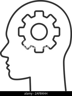 Human head with cogwheel inside linear icon. Artificial intelligence. Thin line illustration. Robot. Contour symbol. Vector isolated outline drawing Stock Vector
