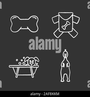 Pets supplies chalk icons set. Dog's bone toy, pets clothes, grooming service, rubber chicken. Isolated vector chalkboard illustrations Stock Vector