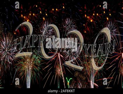 Happy New Year 2020 Fireworks replaces KPDDY9. Celebrate New Year's Eve with festive pyrotechnic display. Available without the year see KPDDYA. Stock Photo