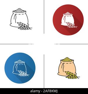 Wheat ears and flour bag icon. Flat design, linear and color styles. Spikes of rye. Agriculture. Isolated vector illustrations Stock Vector