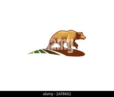 Brown mature bear walking alone on the field in linocut drawing style Stock Vector