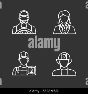 Professions chalk icons set. Firefighter, loader man, secretary, office worker, driver. Isolated vector chalkboard illustrations Stock Vector